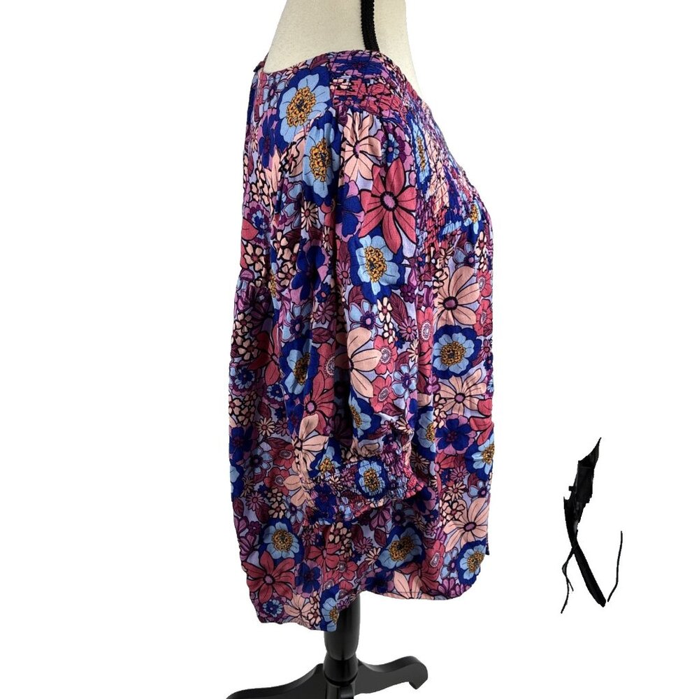 Terra & Sky Womens 1X Floral Boho Blouse Smocked Top Plus Size Multicolor - Picture 3 of 7